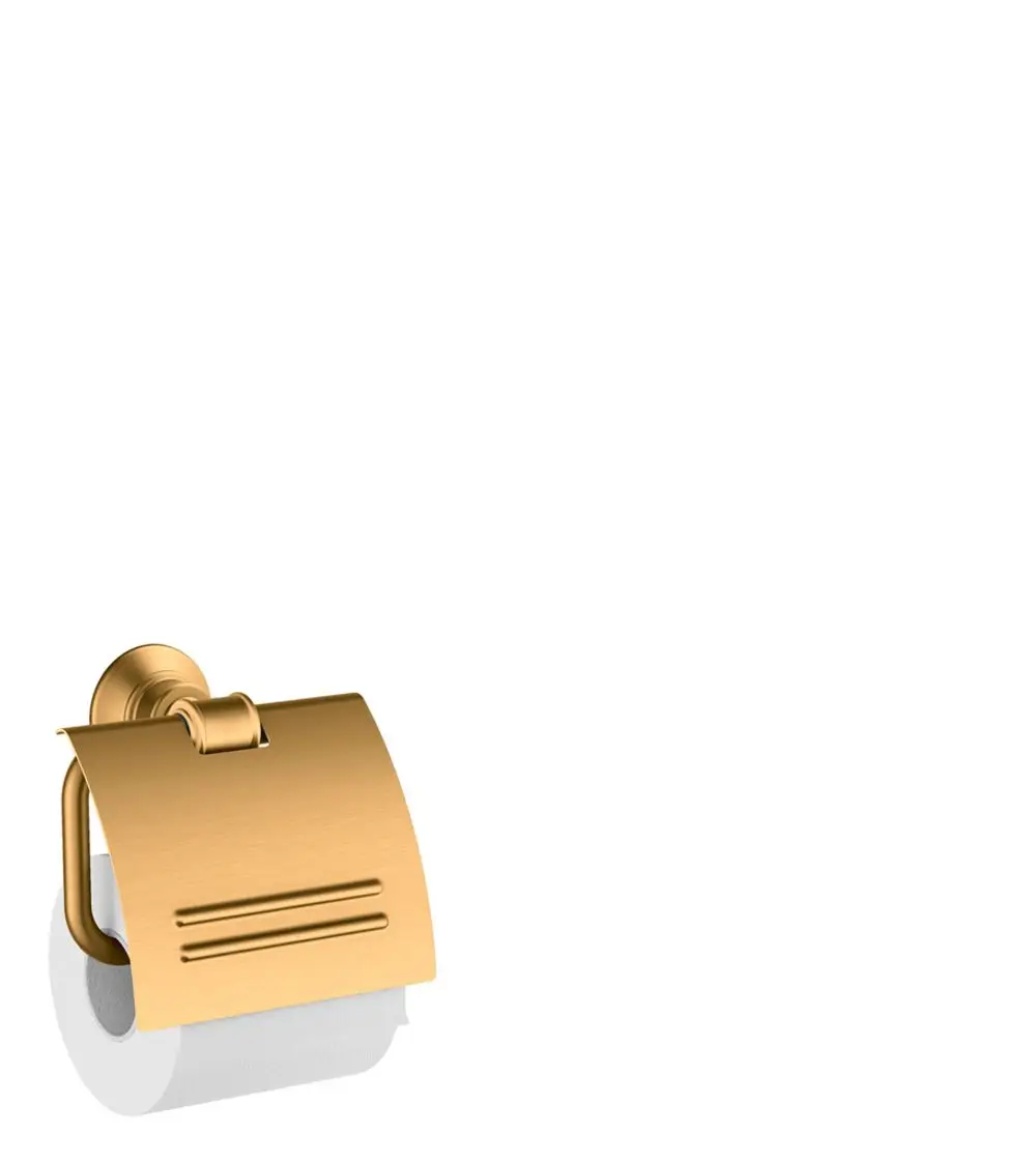 Toilettenpapierhalter in brushed gold Optik, montiert an einer Wand. Das Design zeigt eine Deckelbefestigung und ist Teil der AXOR Montreux Serie.